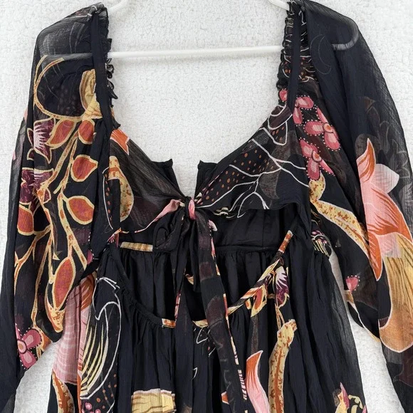 Anthropologie‎ Let Me Be Babydoll Dress Womens Petite Small PS Black Floral NWT - Picture 12 of 14